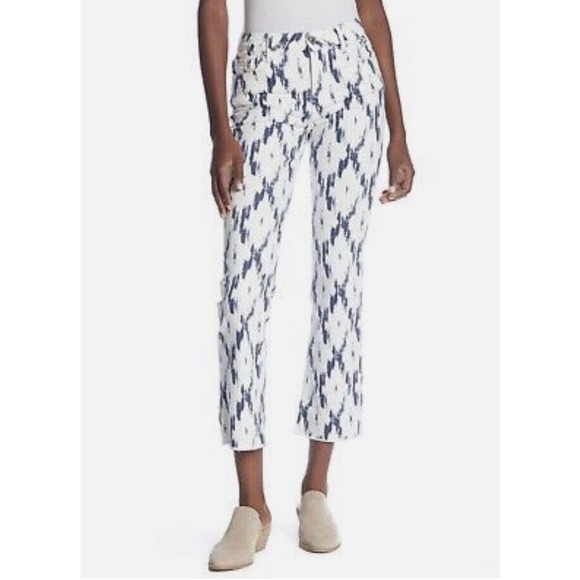Free People Pants - Free People Indigo Skies Patterned Crop Flared Jeans White Size 24~ NWT
